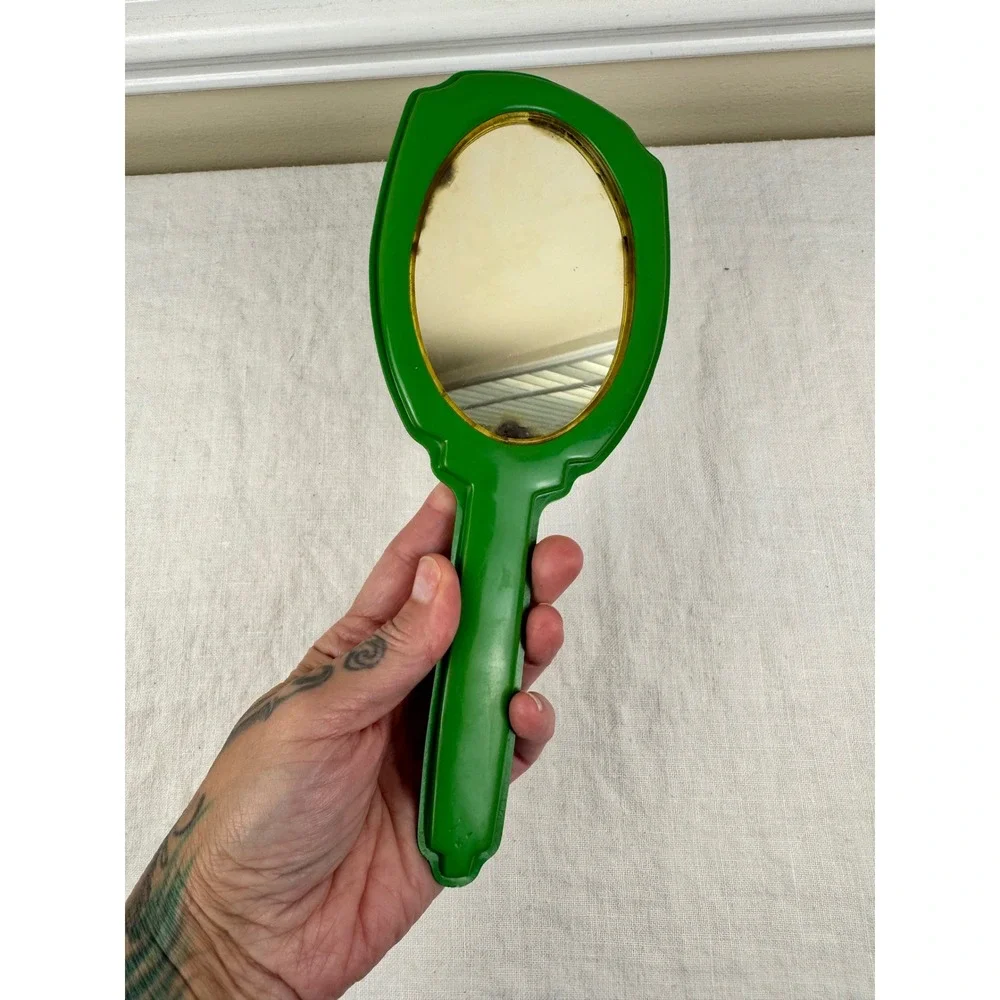 Vintage Green Floral Hand Mirror Mid Century Celluloid Cottagecore Vanity Decor
